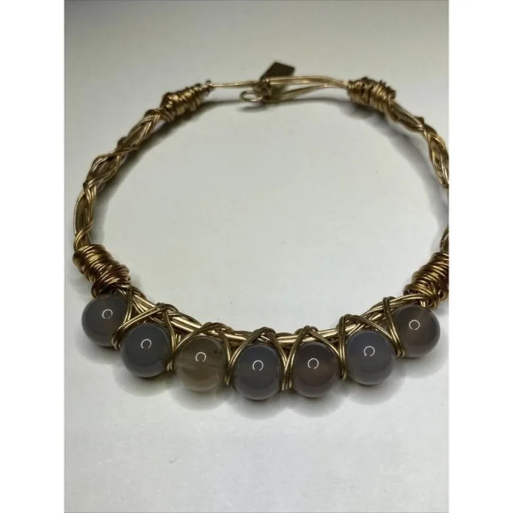 Canvas Bracelet Gold Tone Beaded Gray  Wrapped‎ Wire Hook closure